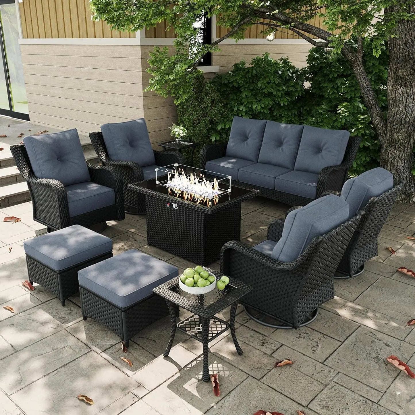 10 Pieces Outdoor Patio Furniture Sets with Rocking Swivel Chairs with 6-inch Thick Cushion and Fire Pit Table for, Customized