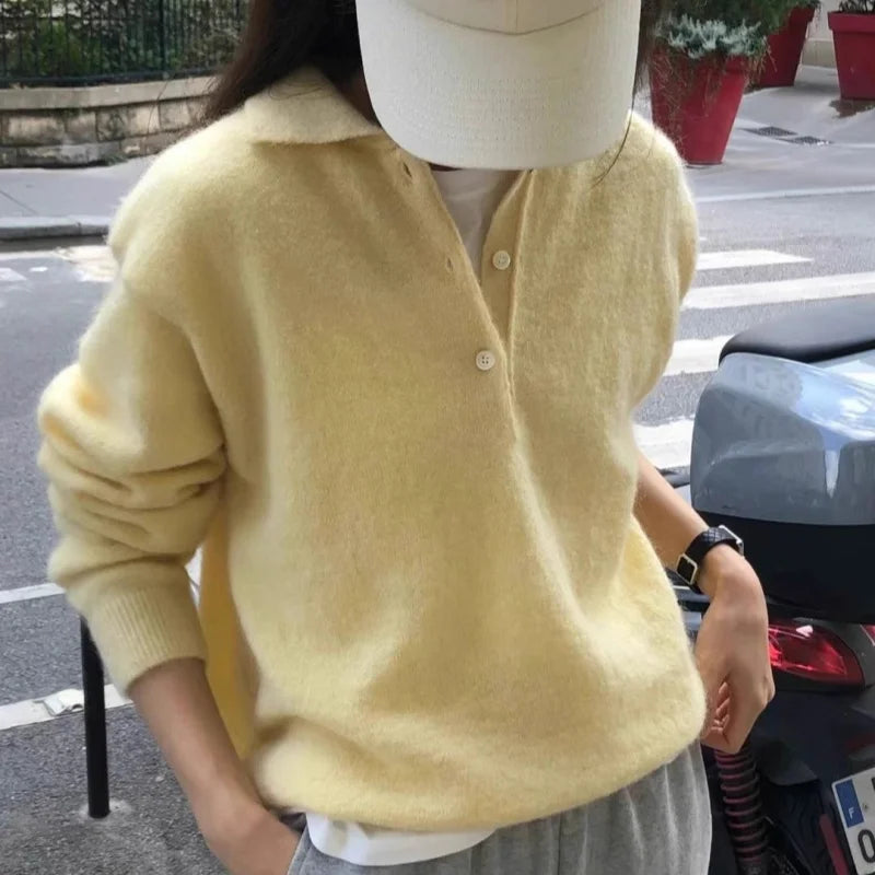 100% Wool Women's Knitted Sweater 2025 Autumn/Winter New Solid Color Casual Collar Polo Wool Sweater