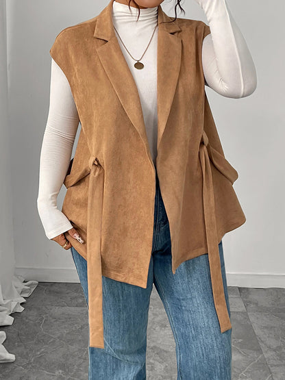 Women Plus Size Sleeveless Vest Autumn Winter Solid Color Lapel Collared Belted Outerwear Work Office Vest with Pockets and
