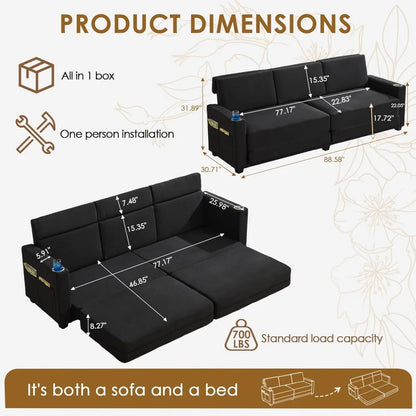 89" 3-Seat Convertible Sleeper Sofa Bed, Black Folding Couch with Cup Holders & Side Pockets, Queen Size Pull-Out Bed