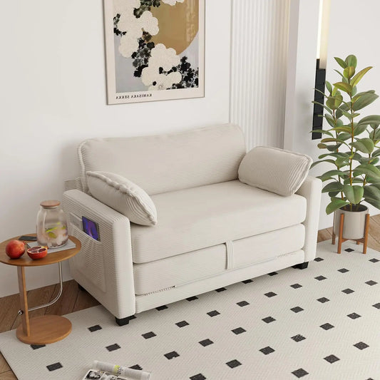 Convertible Sofa Bed, 2-in-1 Corduroy Sleeper Couch, 2-Seater Pull-Out Couch Bed with Side Storage Pocket, Solid, Customized