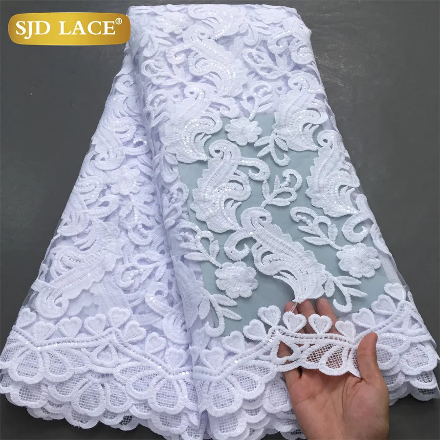 SJD LACE African Milk Silk Lace Fabric 2025 High Quality Nigerian White Mesh Embroidery Lace for Sewing Women Wedding Dress 4043