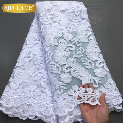 SJD LACE African Milk Silk Lace Fabric 2025 High Quality Nigerian White Mesh Embroidery Lace for Sewing Women Wedding Dress 4043
