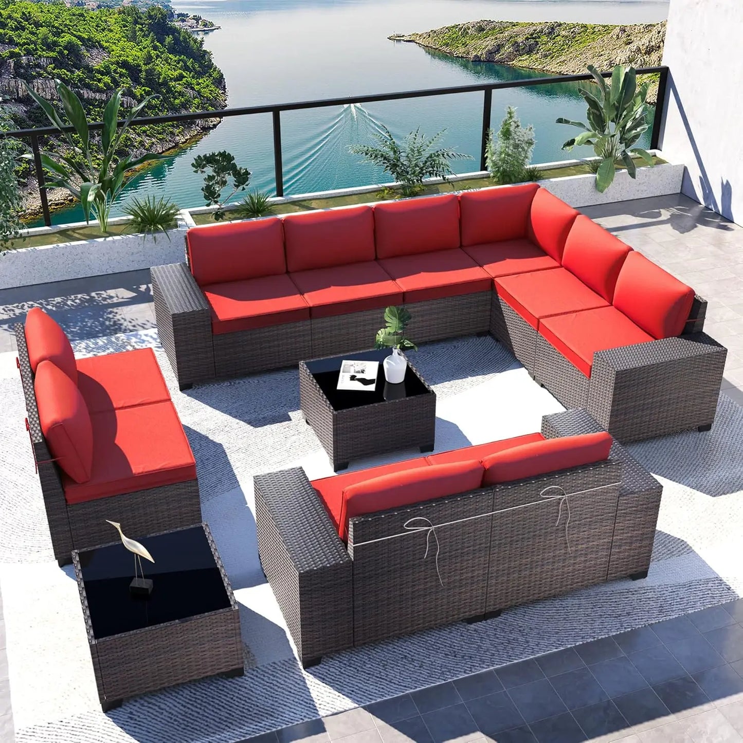 12 Pieces Outdoor Patio PE Rattan Sectional Sofa Set with Cushions & Tempered Glass Coffee Table for Garden Porch, Customized