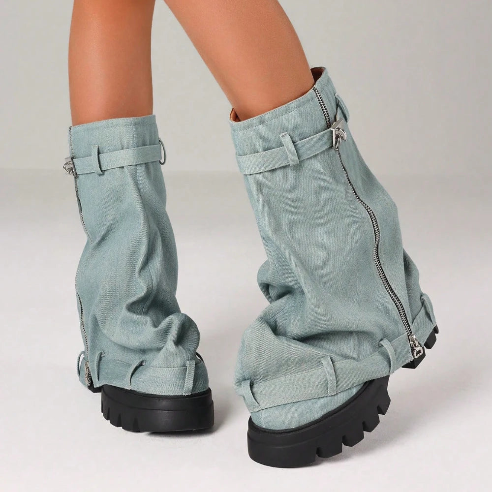 Women'S Y2K Slouchy Fold Over Shark Boots Fashion Punk Side Zipper Platform Chunky Heels Pull On Casual Party Boots Woman