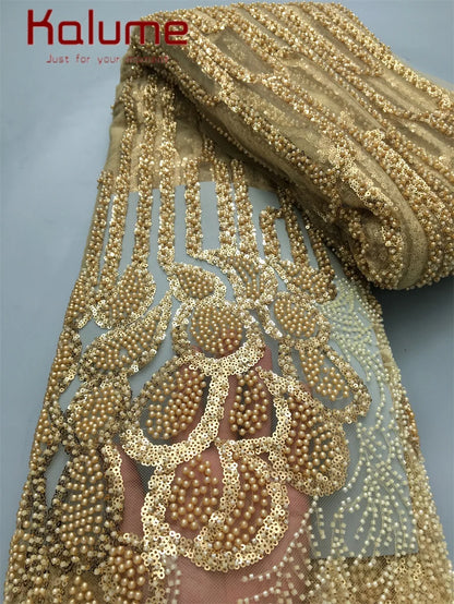 Kalume Lace 2025 African Beaded Tulle Lace Fabric Soft High Quality Mesh Net Lace Fabric with Sequins For Sewing Wedding F4500