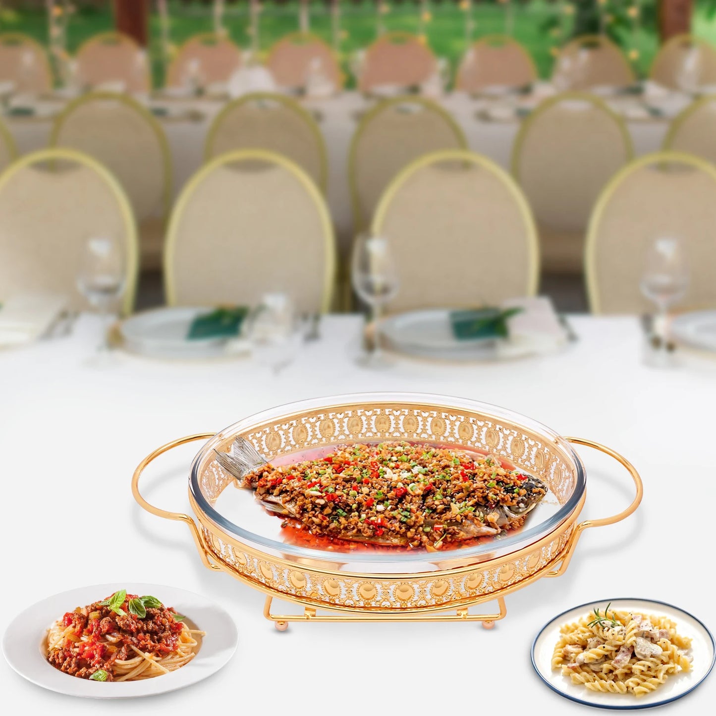 Gold Oval Table Standing Chafing Dish Set, 2L/2.11qt Stainless Steel & Glass Buffet Food Warmer for Catering, Parties & Home Use