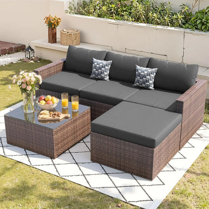 5 Piece Patio Furniture Set, All-Weather Wicker Outdoor Sectional Sofa, L Shaped Outdoor Conversation Couch with, Customized