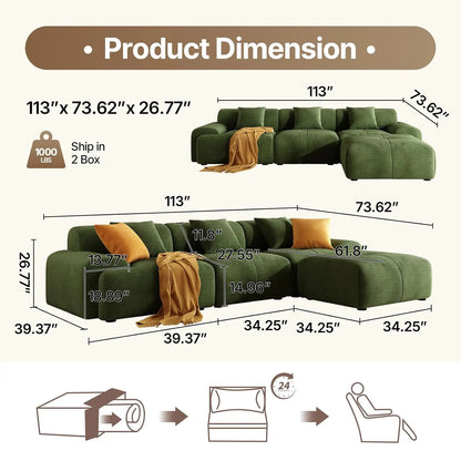 113" L-Shape Modular Sectional Sofa Corduroy Upholstery 3-Seater Cloud Couch Movable Ottoman Living Room Green, Customized