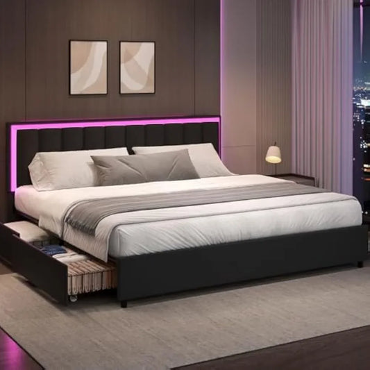 King Bed Frame with 4 Drawers Storage Bed Frame King Size with LED Lights Upholstered Bed Frame with Headboard,Customized