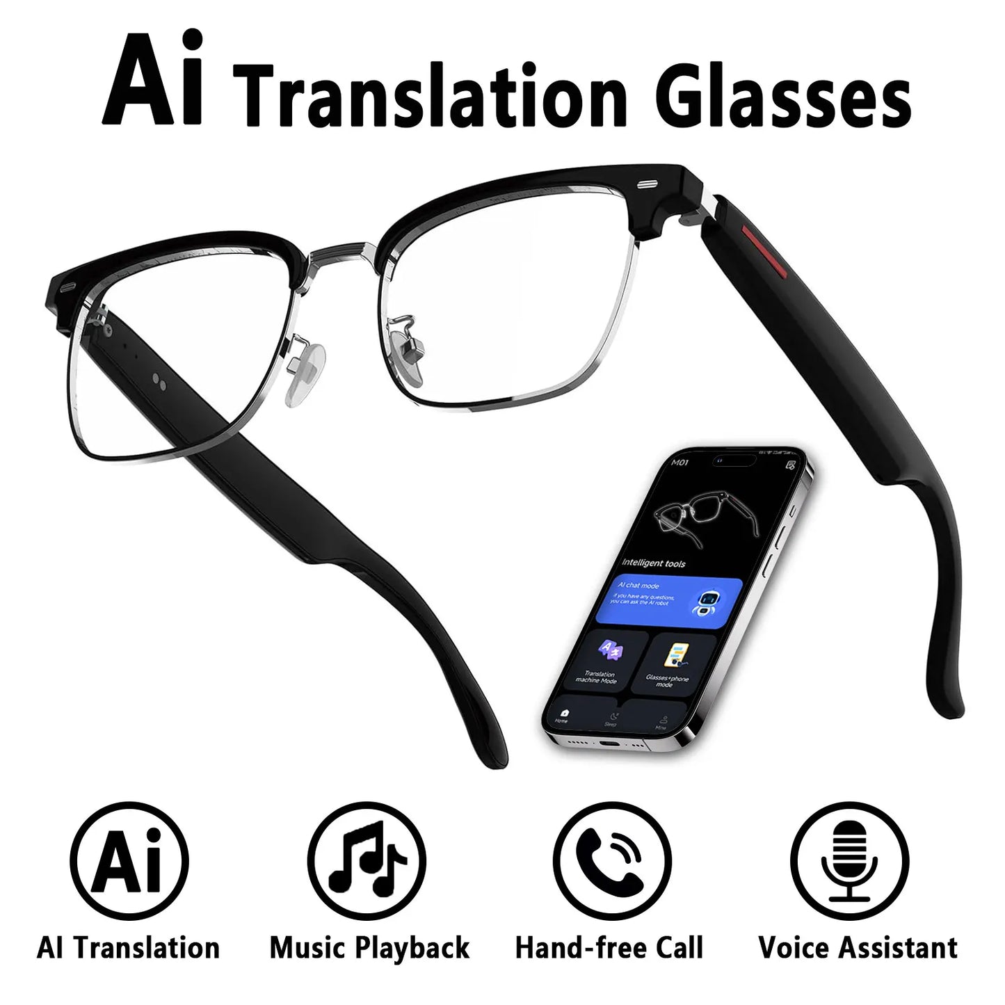 Smart AI translation glasses equipped with anti-blue light lenses, supporting real-time application translation in 164 languages