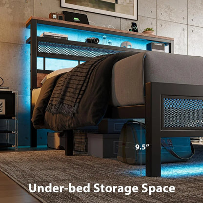 Led Bed Frame , Metal Platform Bed Frame with 2-Tier Storage Headboard, Mesh Bedframe with Charging Station, Easy Assembly