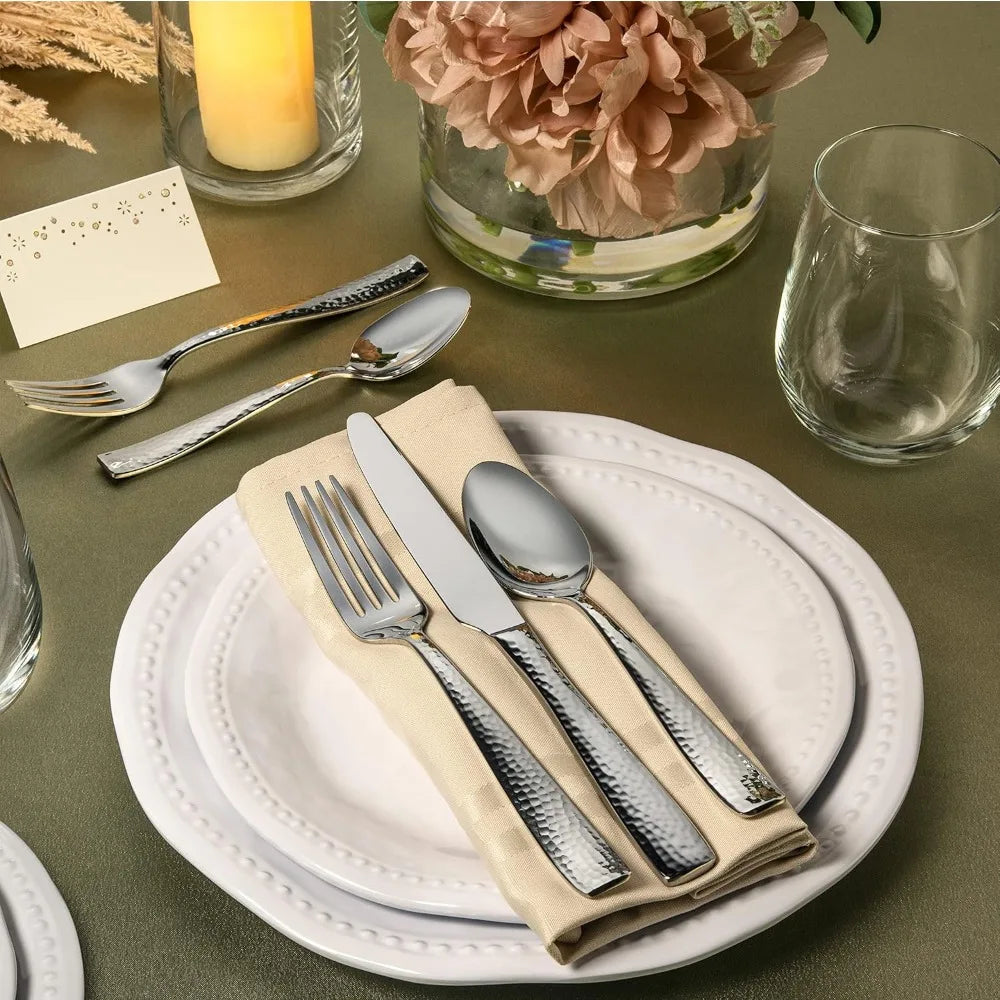 60-Piece Hammered Stainless Steel Silverware Set for 12, Elegant 18/10 Flatware Collection
