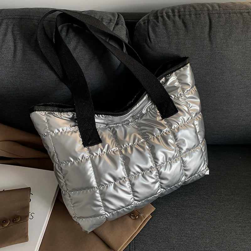 Fashion Quilted Shoulder Bags Down Cotton Padded Large Capacity Tote Bags Solid Color Shopping Bags Women Girls
