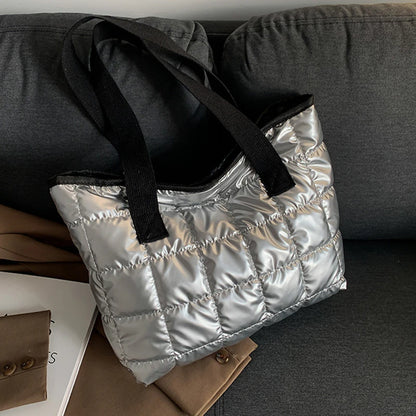 Fashion Quilted Shoulder Bags Down Cotton Padded Large Capacity Tote Bags Solid Color Shopping Bags Women Girls