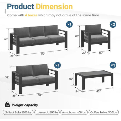 Gray Oversized Metal Patio Furniture Set with 27.5 Deep Seating and 3.2 Wide Armrests, All-Weather Outdoor Cushion Set