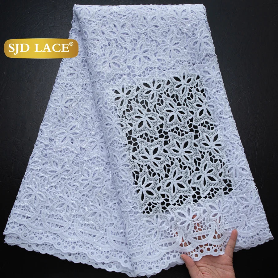 SJD LACE African Sequins Guipure Cord Lace Fabrics 5 Yards White 2025 New Nigerian Water Soluble Lace For Women Dresses Sew 4197