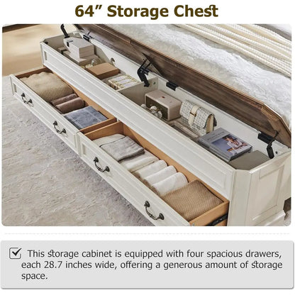 Farmhouse Queen Bed with Headboard and Storage Bench, Rustic Wood Platform Bed with 64" Storage Chest w/ 4 Large,Customized