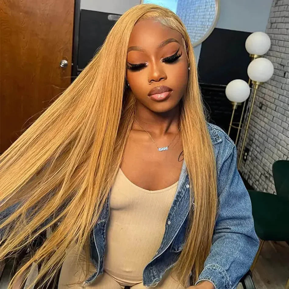 13x6 Honey Blonde HD Transparent Lace Front Wigs Human Hair #27 Colored Brazilian Bone Straight Lace Frontal Human Hair Wigs