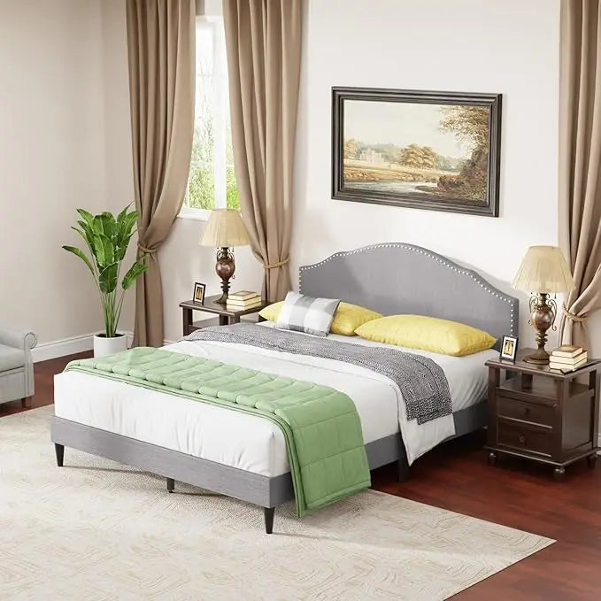 Full Platform Bed Frame with Fabric Headboard and Wooden Slats Support, Fully Upholstered No Box Spring
