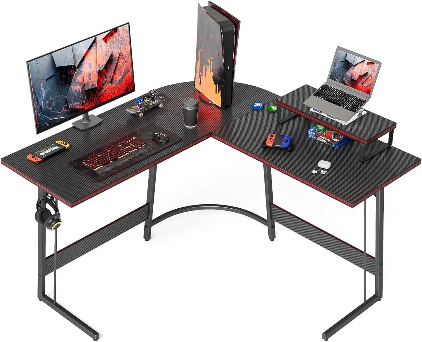 L Shaped Gaming Desk Computer Office Desk with Carbon Fiber Surface, 47 inch Corner Desk with Large Monitor Stand for Home Offic