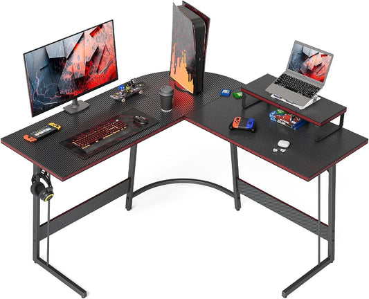 L Shaped Gaming Desk Computer Office Desk with Carbon Fiber Surface, 47 inch Corner Desk with Large Monitor Stand for Home Offic