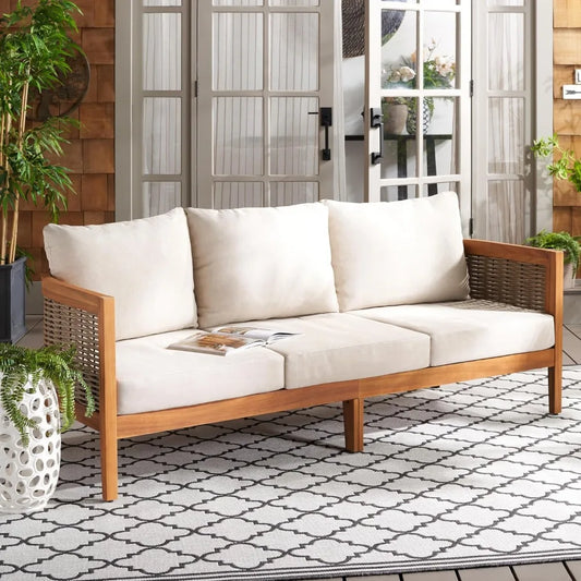 Natural Acacia Wood 3-Seater Outdoor Sofa with Taupe Cushions