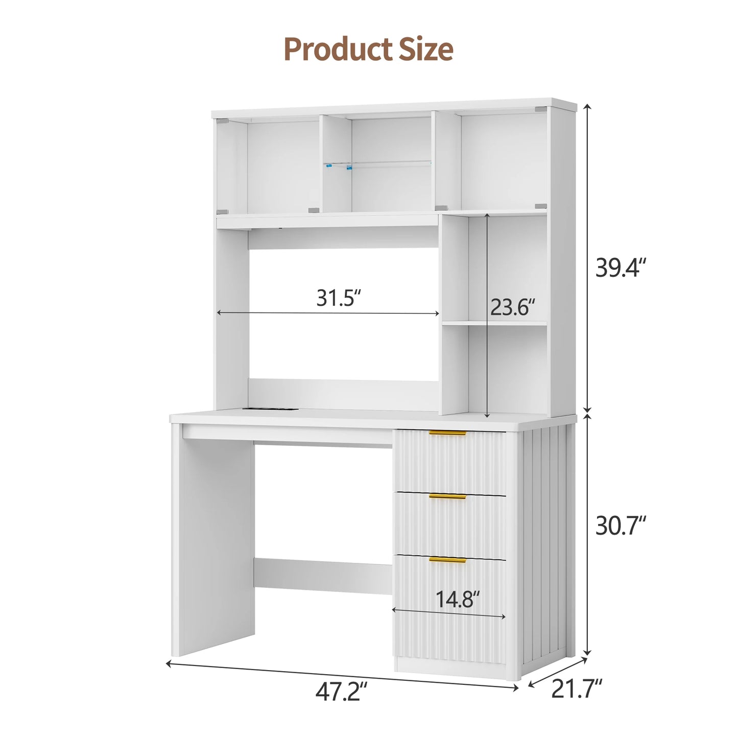 JDPAG LED Study Desk with Hutch & Storage Cabinet, 47" Home Office Desk with Outlet and 3 Color LED，Writing Desk for Bedroom