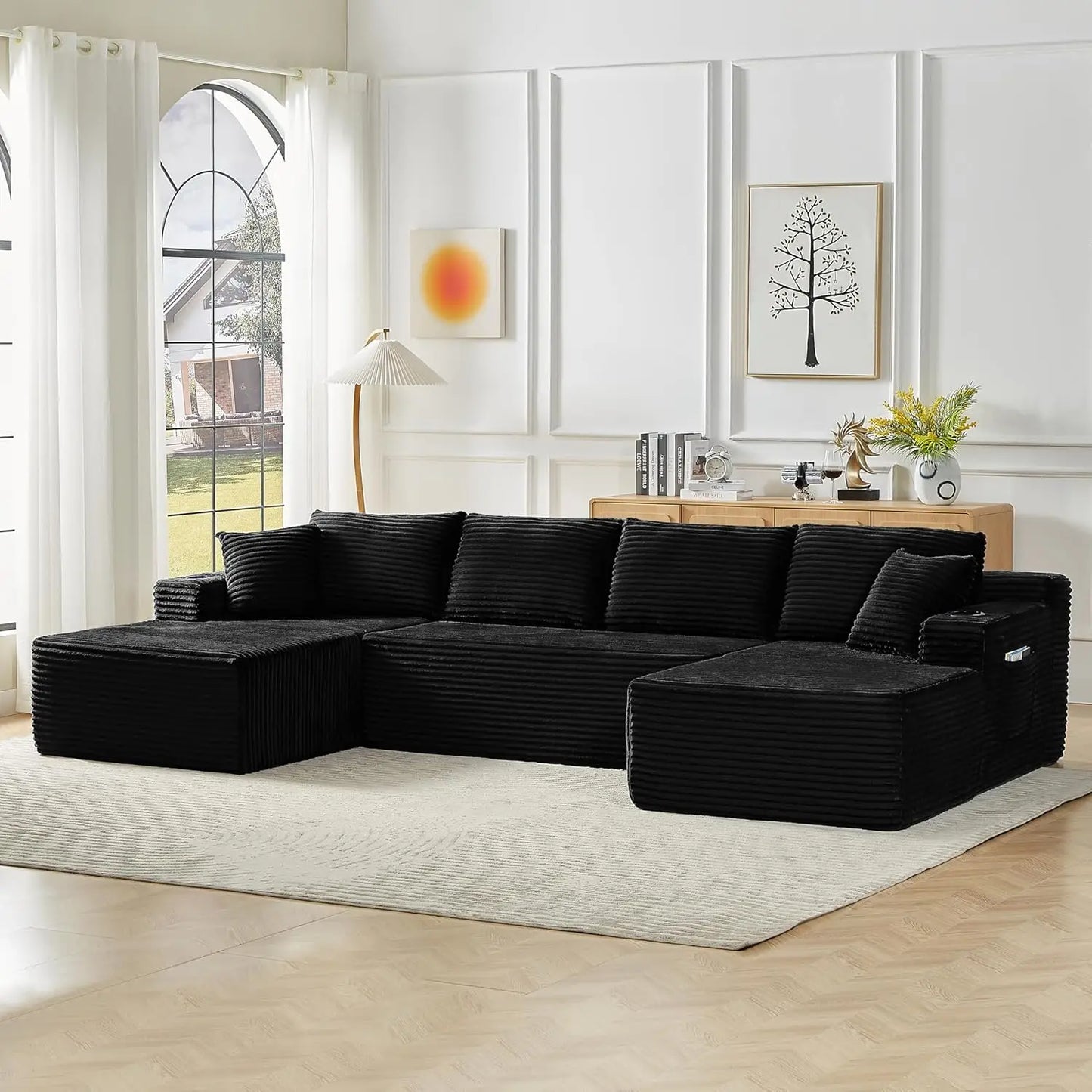 133" Oversized Modular Sectional Cloud Couch With Cup Holders, U Shaped Comfy Boneless Memory Foam Couches For Living Room, Plus