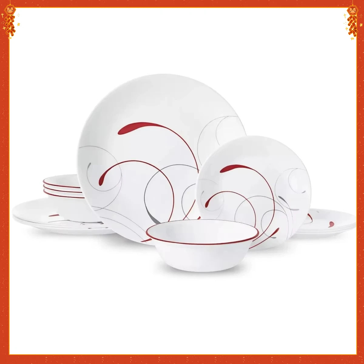 Classic White & Red Dinnerware Set, 12-Piece Ceramic Plates & Bowls. Dishwasher Safe, Service for 4, Modern Tableware.