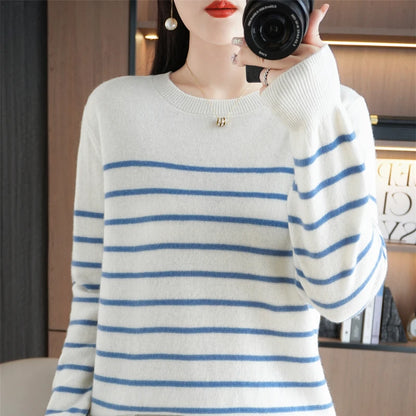 Spring Women's Pullover Sweater Striped Two-Color Sweater Long Sleeve Crewneck New 100% Cotton Pullover Sweater For Women-SMY257