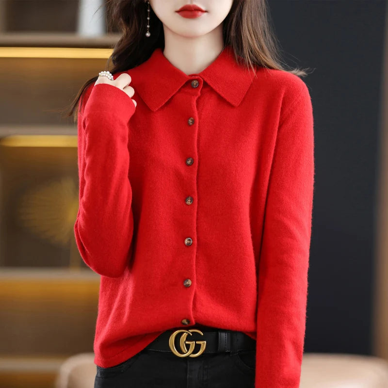 2024 Women's POLO Collar Knitted Cardigan Basic Versatile Top Spun Wool Jacket Elegant Single Breasted Sweater DMR430