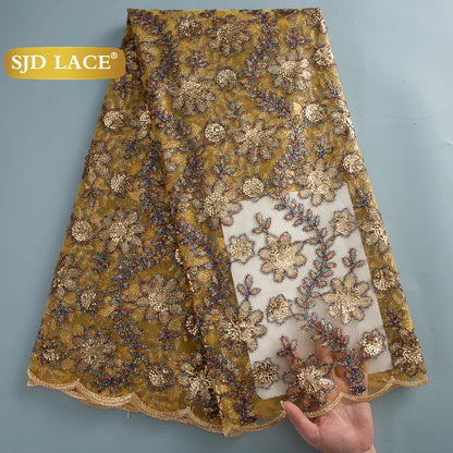 SJD LACE African Green Sequins Mesh Woman Lace Fabric High Quality 2025 Nigerian French Net Lace for Sewing Wedding Dresses 3735