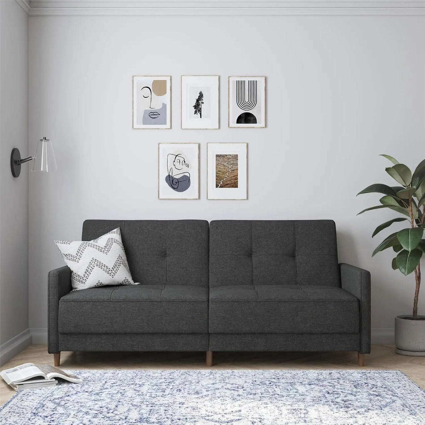 Andora 76 Inch Futon Sofa Bed, Modern Upholstered Couch Sleeper with Button Tufted Back and Seat, Dark Gray