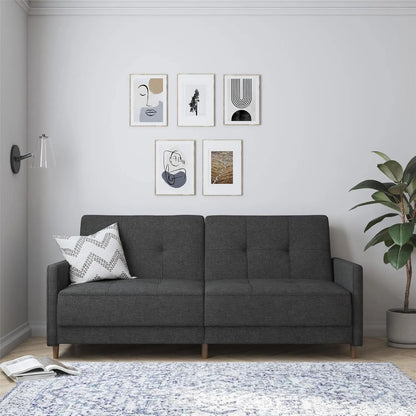 Andora 76 Inch Futon Sofa Bed, Modern Upholstered Couch Sleeper with Button Tufted Back and Seat, Dark Gray