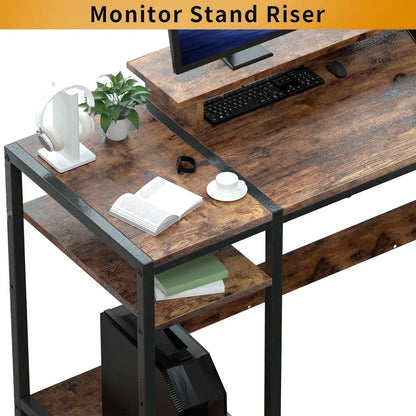 Gaming/Computer Desk - 47” Home Office Small Desk with Monitor Stand, Rustic Writing Desk for 2 Monitors, Adjustable Storage Spa