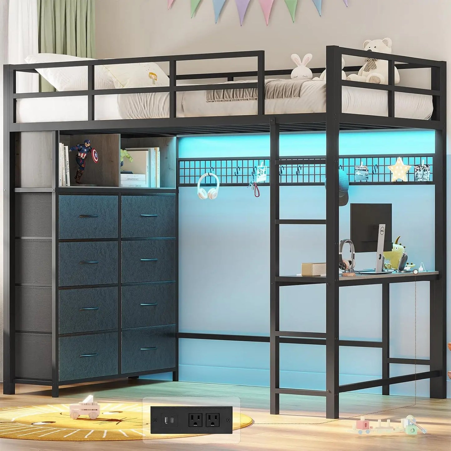 Twin Loft Bed with Desk, 8 Drawers, LED Lights, and Charging Station - Metal Storage Bed