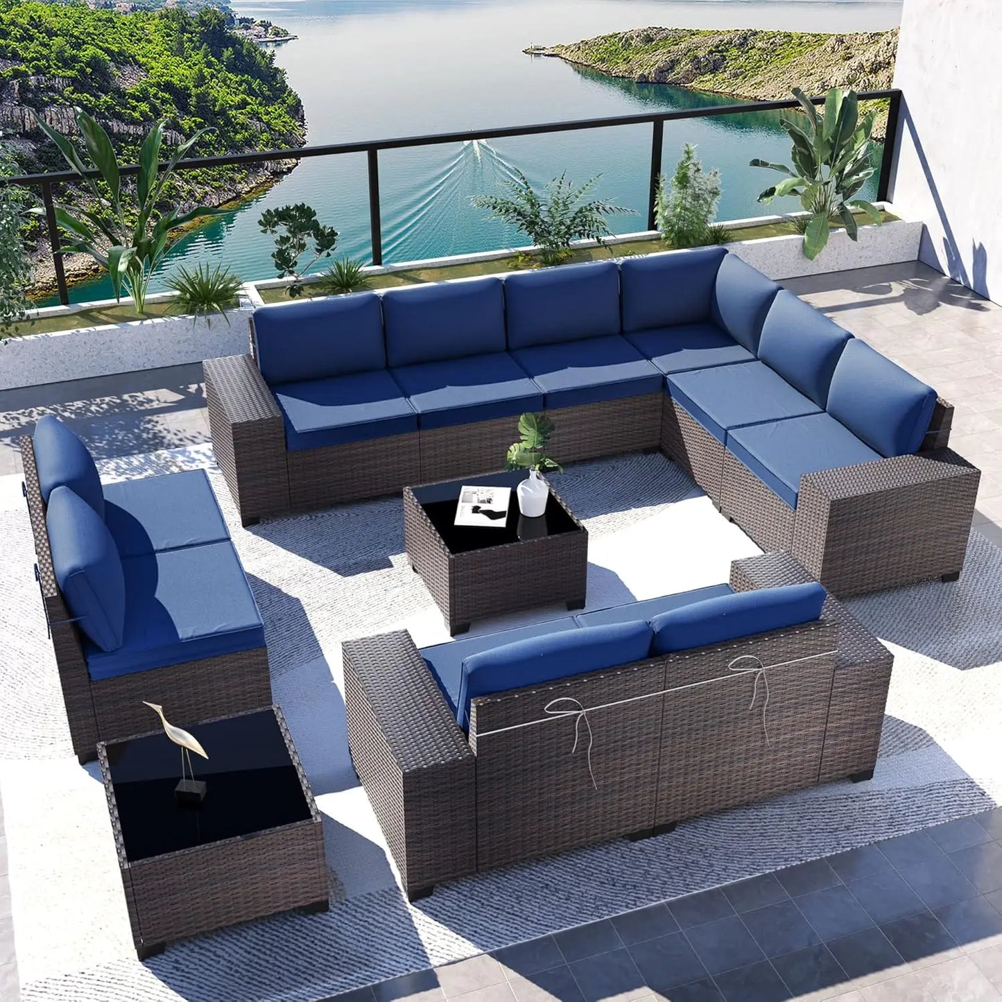 12 Pieces Outdoor Patio PE Rattan Sectional Sofa Set with Cushions & Tempered Glass Coffee Table for Garden Porch, Customized