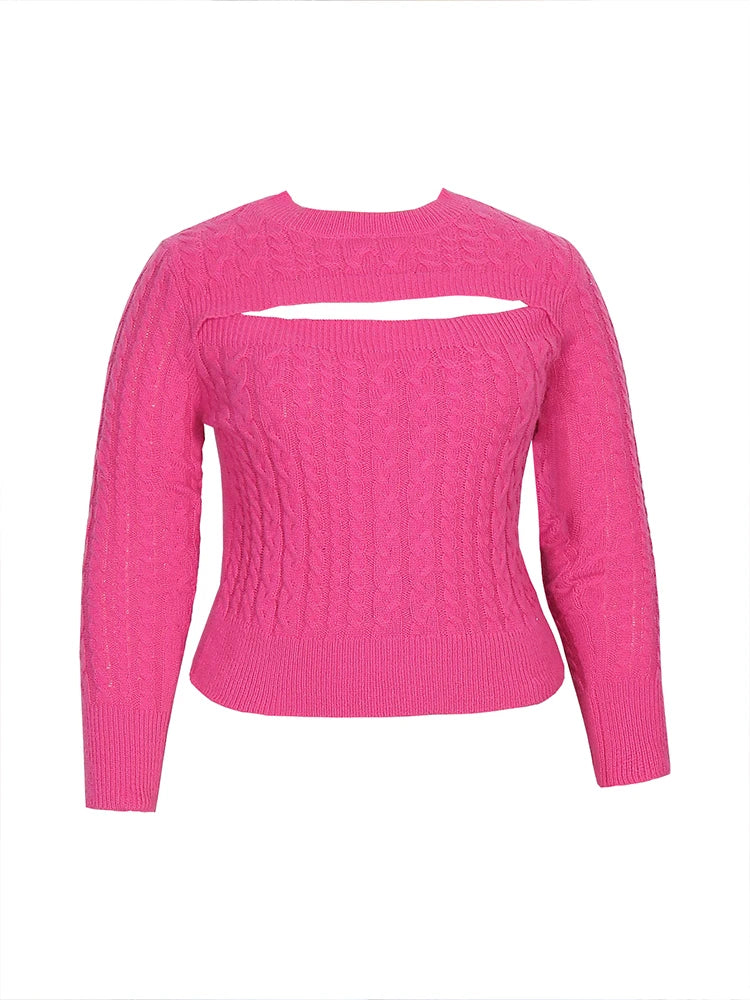 plus Size Solid Color Cutout Knit Sweater Long Sleeve Crewneck Pullover Slim Fit Jumper Sexy Fashion Tops for Women