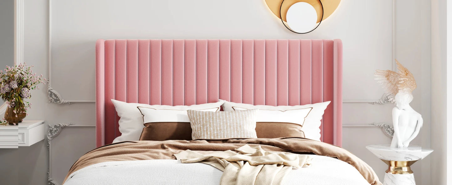 HOOMIC Velvet Upholstered Bed Frame, Vertical Channel Tufted Wingback Headboard, Wooden Slats Support Allewie
