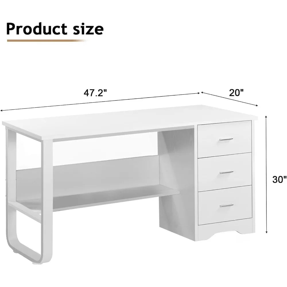 White Desk with 3 Drawers, 47 Inch Computer Desk with Drawers & Storage File Cabinet for Bedroom, Small Home Office Desk with