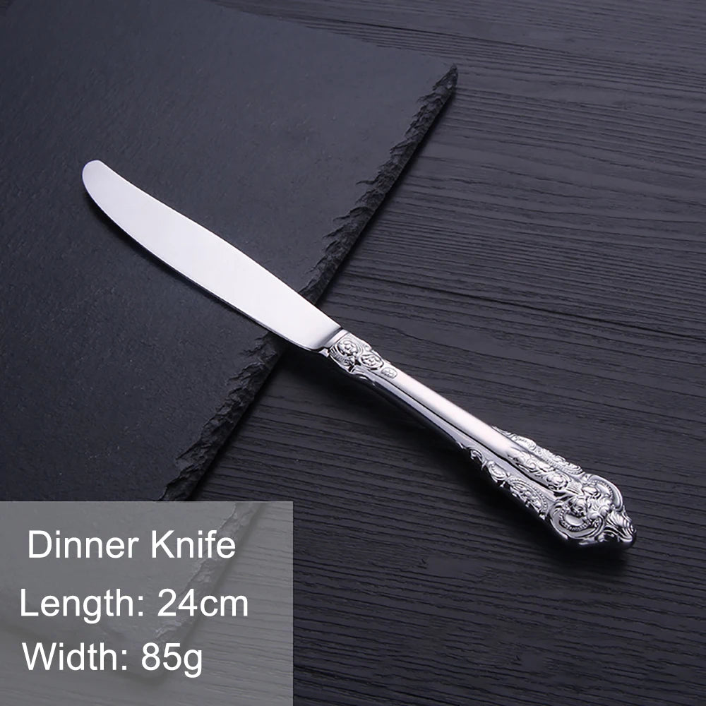 Vintage Western Stainless Steel Cutlery Set Luxury Tableware Wedding Engraving Dinnerware Knife Fork Spoon Sliverware 1 Pcs
