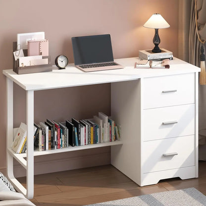 White Desk with 3 Drawers, 47 Inch Computer Desk with Drawers & Storage File Cabinet for Bedroom, Small Home Office Desk with