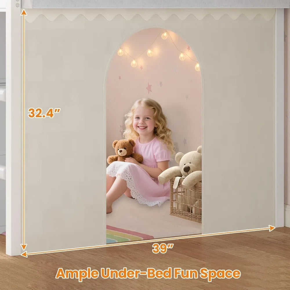Children's Twin Loft Bed with 8 Storage Drawers, LED Lights, House-Shaped Metal Frame, Bookcase, and Soft Foam Ladder for Enhanc