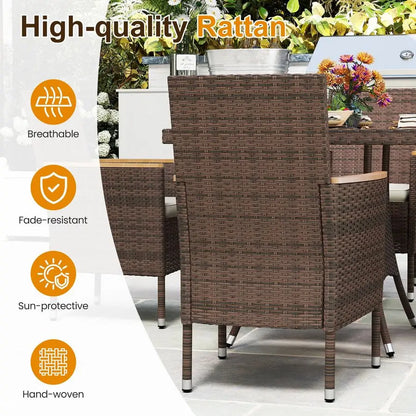 10Pieces Outdoor Patio Table and Chairs, Rattan Patio Table Set with Acacia Wood Tabletop, Patio Dining Furniture Set for 8 wit