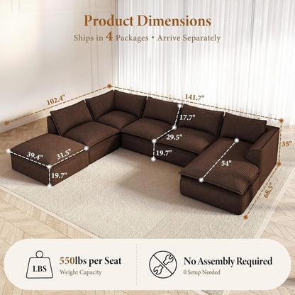 141.7" Oversized Boneless Sectional Couch, Modern 7 Seater Modular Sofa with Chaise & Ottoman, Deep Seat Corduroy, Customized