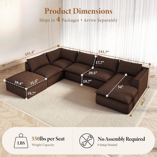 141.7" Oversized Boneless Sectional Couch, Modern 7 Seater Modular Sofa with Chaise & Ottoman, Deep Seat Corduroy, Customized
