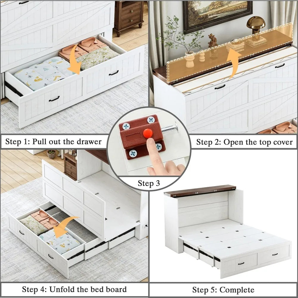 Queen Murphy Bed with Storage & Charging Station, Farmhouse Murphy Cabinet Bed with Large Drawer, Hideaway Foldable Platform Bed