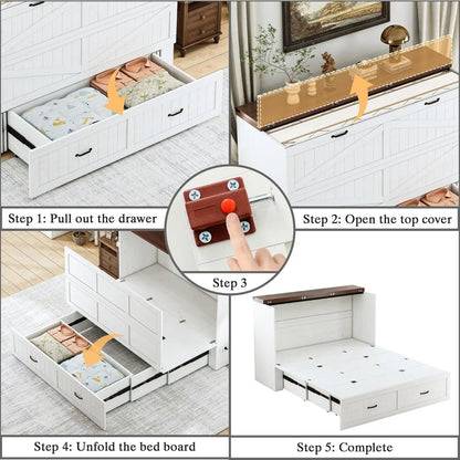Queen Murphy Bed with Storage & Charging Station, Farmhouse Murphy Cabinet Bed with Large Drawer, Hideaway Foldable Platform Bed