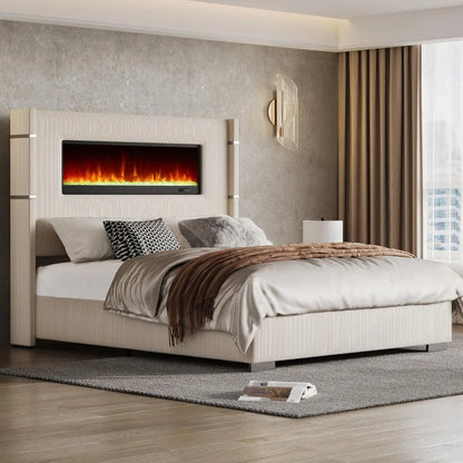 Modern Queen Size Bed Frame with Fireplace, Cream Wingback Platform Bed Frame with 60.4“ Extra Tall Headboard, Corduroy